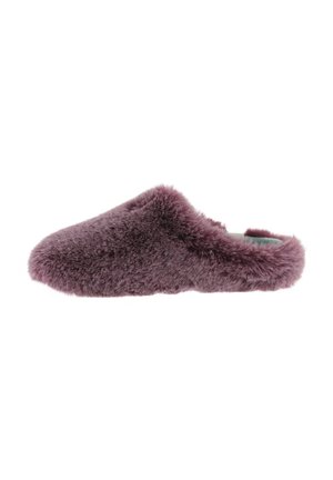 Fuzzy, slip-on slippers in a muted plum shade. They feature a soft, plush texture with no visible hardware or patterns.