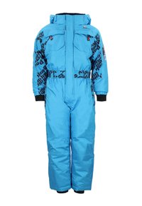 Combinaison de neige isolée en bleu avec accents graphiques noirs, fermeture éclair à l'avant, deux poches sur la poitrine, taille élastique et capuche.