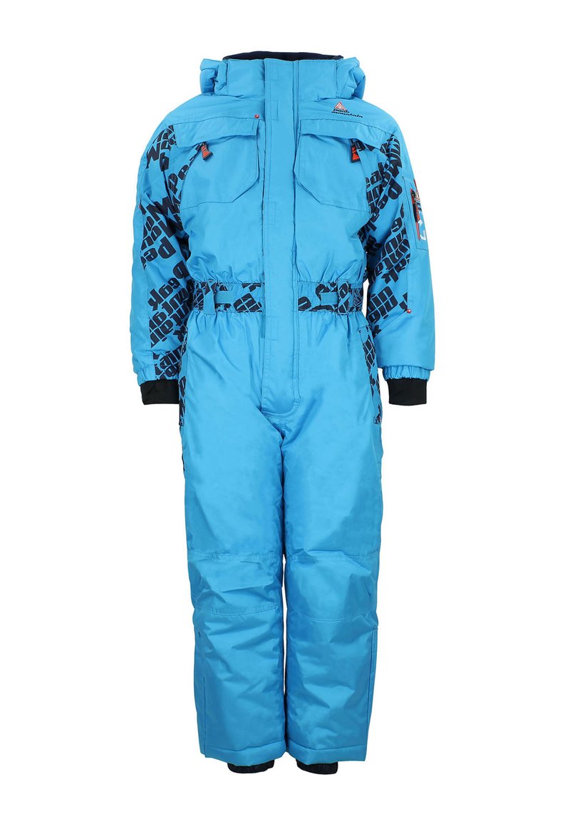 Combinaison de neige isolée en bleu avec accents graphiques noirs, fermeture éclair à l'avant, deux poches sur la poitrine, taille élastique et capuche.