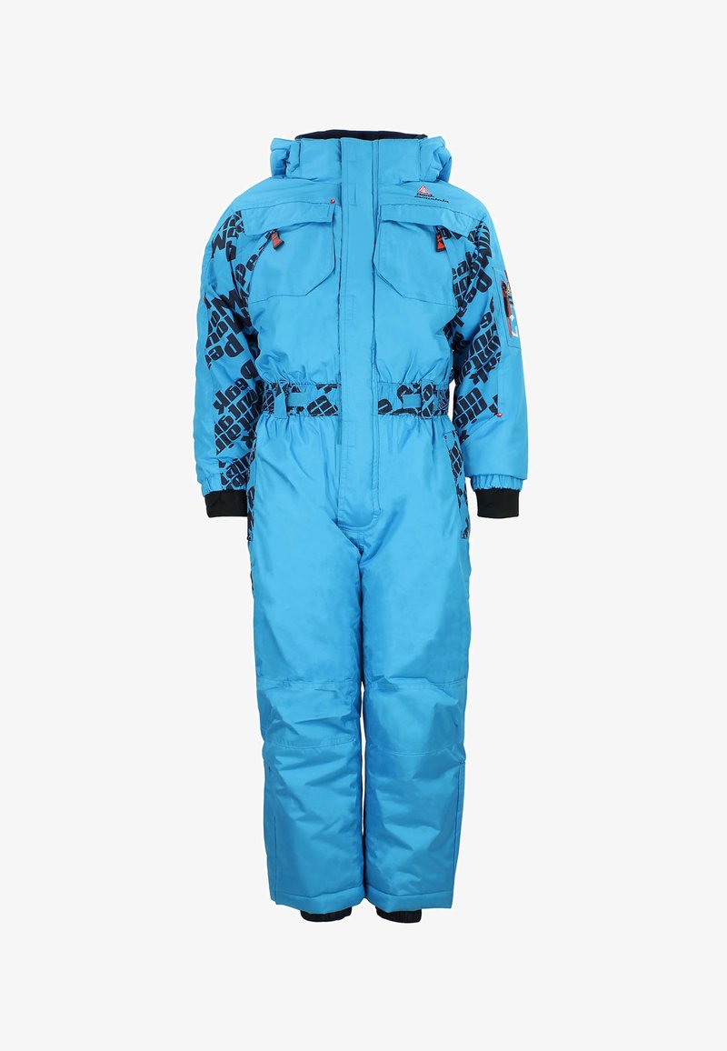 Combinaison de neige isolée en bleu avec accents graphiques noirs, fermeture éclair à l'avant, deux poches sur la poitrine, taille élastique et capuche.