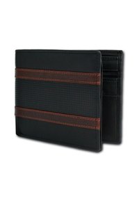 Schwarze Lederwallet mit braunen Lederakzenten, mit einer strukturierten Oberfläche, mehreren Kartenfächern und einem Reißverschlussfach.