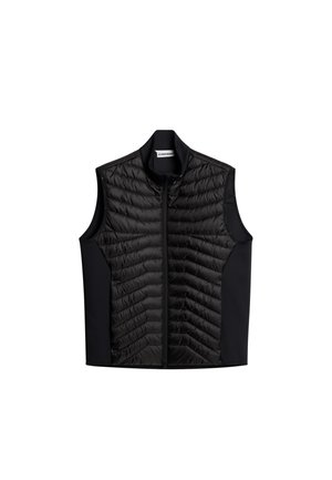 Schwarze ärmellose Steppweste mit vorderem Reißverschluss und hohem Kragen, ausgestattet mit glatten Stoffseitenteilen.