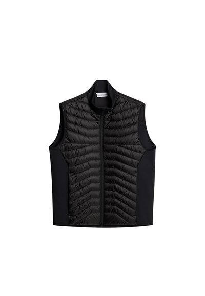 Czarna pikowana kamizelka bez rękawów z frontowym zamkiem błyskawicznym i wysokim kołnierzem, z gładkimi bocznymi panelami z tkaniny.