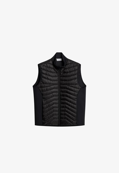 Czarna pikowana kamizelka bez rękawów z frontowym zamkiem błyskawicznym i wysokim kołnierzem, z gładkimi bocznymi panelami z tkaniny.