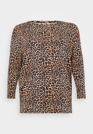 Leopard print long-sleeve top featuring a relaxed fit, round neckline, and soft, textured fabric in shades of brown and tan.