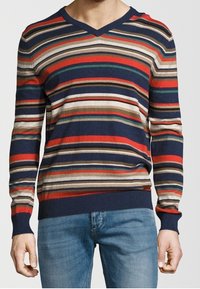 Homme portant un pull ajusté à col en V avec des rayures horizontales bleu marine, rouge, beige, vert et orange, associé à un jean bleu clair.