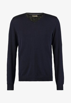 Suéter azul marinho em v com mangas longas, feito de material de malha macio, com punhos e barra canelados, textura suave e sem padrões visíveis.