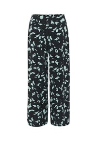 Kalhoty s širokými nohavicemi s černo-světle modrým abstraktním květinovým vzorem a vysokým pasem.