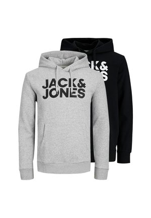 To hættetrøjer, en grå og en sort, begge med forlommer og "JACK & JONES" trykt i fede bogstaver på brystet.