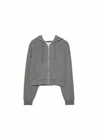 Grijze cropped hoodie van zachte stof, met een volledige ritssluiting aan de voorkant, twee steekzakken en trekkoorden in de capuchon.
