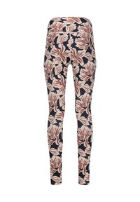 Leggings floraux avec un fond bleu marine et des motifs de feuilles beige et rouille, fabriqués en tissu extensible, au design ajusté.