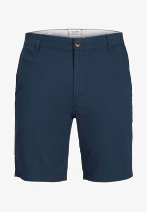 Marineblaue Shorts aus leichtem Stoff, mit flachem Bund, einreihiger Knopfschluss und Seitentaschen. Verstellbarer Saum mit sauberer Naht.
