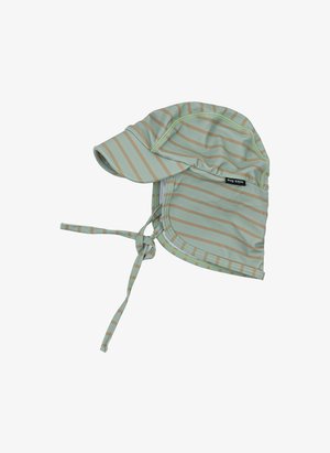 Triibuline päikese müts helesinise ja beeži värviga, pehmest kangast, millel on lai ääre, reguleeritavad sidemed ja mugav istuvus.