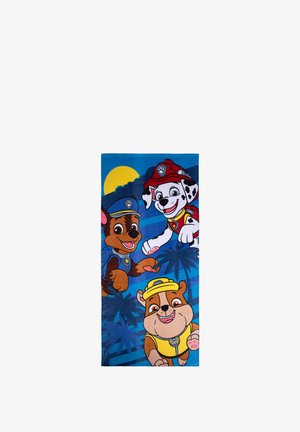 Cotton beach towel featuring cartoon dogs: a brown dog in blue uniform, a dalmatian in red, and a dog in yellow, set against a blue background.