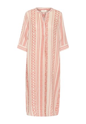 Rochie ușoară, până la genunchi, în crem, cu modele geometrice roz. Are un decolteu rotund, mâneci trei sferturi și o închidere cu nasturi.