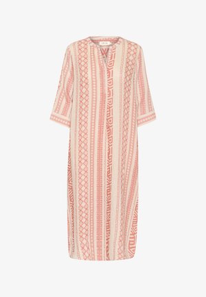 Lightweight, knee-length dress in cream with pink geometric patterns. Features a round neckline, three-quarter sleeves, and button placket.