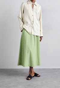 Camicia a righe crema e beige, abbinata a una gonna verde plissettata. Sandali neri a scivolo completano il look.
