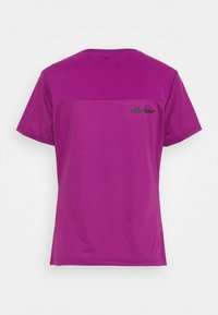 Purple short-sleeve t-shirt made from smooth, lightweight fabric. Features a black logo on the upper back and a crew neckline.