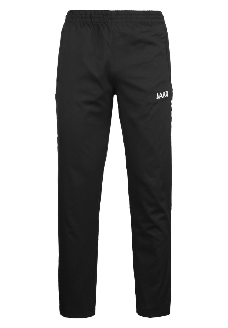 Zwarte sportbroek met een elastische tailleband, met de merknaam "JAKO" in het wit op de linkerdij en zijstrepen voor het design.