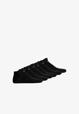 Zwarte enkelsokken, gemaakt van een katoenmengsel, met elastische boorden en verstevigde teengebieden. Verpakking van zes, gladde textuur en naadloos ontwerp.