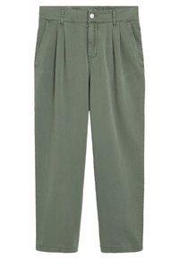 Groene plissébroek van katoen. Voorzien van een tailleband met knoopsluiting en twee zijzakken. Recht model, lichtgewicht stof.