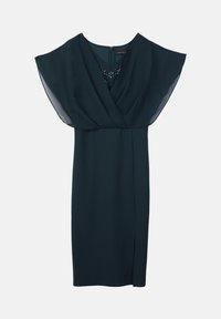 Robe vert foncé avec un corsage en style portefeuille, des manches courtes flottantes et une fente sur le côté. Tissu lisse avec un léger éclat, fermeture éclair au dos.