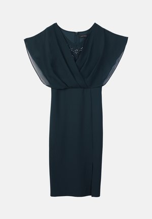 Tyrkysově modré šaty s překládaným vrškem, krátkými volánkovými rukávy a bočním rozparkem. Hladká látka s jemným leskem, zapínání na zip na zadní straně.