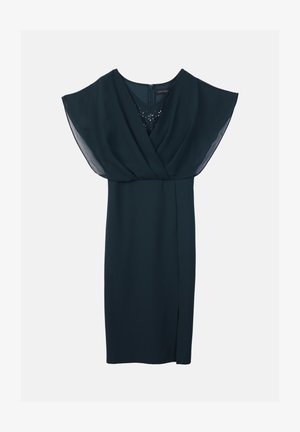 Tyrkysově modré šaty s překládaným vrškem, krátkými volánkovými rukávy a bočním rozparkem. Hladká látka s jemným leskem, zapínání na zip na zadní straně.