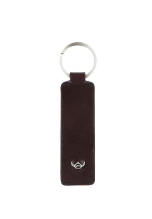 Dark brown rectangular leather keychain with a silver metal ring and small horned emblem at the bottom center.