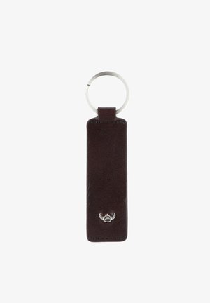 Dark brown rectangular leather keychain with a silver metal ring and small horned emblem at the bottom center.