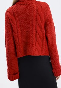 Cardigan rouge en maille présentant un motif torsadé, une longueur courte et des poignets côtelés. Tissu texturé avec un design en grosse maille.