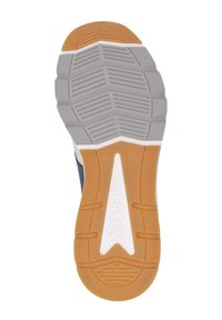 La semelle de chaussure présente un motif multicolore avec des sections orange, grises et blanches. Texturée pour l'adhérence avec un design de semelle prononcé.