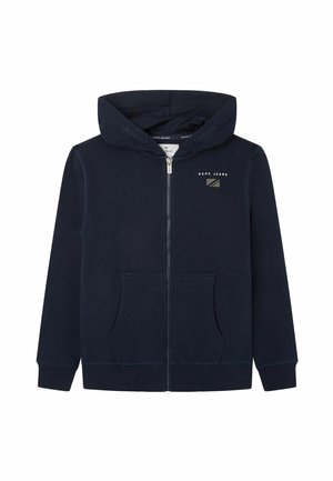 Marineblauer Kapuzenpullover mit Reißverschluss aus weichem Stoff. Verfügt über eine Kängurutasche, eine Kapuze mit Kordelzug und ein kleines Logo auf der Brust. Gerippte Bündchen und Saum.