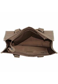 Borsa tote rettangolare marrone con due manici. L'interno presenta una tasca con zip e una fodera in tessuto liscio e resistente.