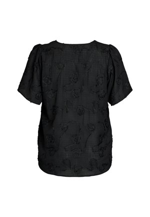 Musta lyhythihainen pusero, jossa on tekstuurilliset kukkakuviot ja hienovarainen ruutukuvio, sekä löysä, hieman pöhöttynyt hihamalli.