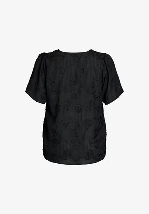 Czarna bluzka z krótkim rękawem o fakturowanym wzorze kwiatowym oraz subtelnym wzorze w kratę, z luźnym, lekko bufkowatym rękawem.