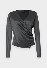Šedý dlouhý rukáv top vyrobený z hladké, elastické tkaniny s překládaným designem a nařaseným detailem v pase. Výstřih do V.