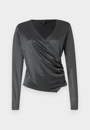 Maglietta grigia a maniche lunghe realizzata in un tessuto morbido ed elasticizzato con un design avvolgente e dettaglio arricciato in vita. Scollatura a V.