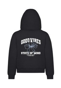 Sweatshirt à capuche noir avec un imprimé graphique d'un nœud et les inscriptions : "ÉTAT D'ESPRIT EN BONNE VIBRATION" et "COEUR BEAU & ÂME PURE."