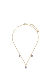 Gold-tone necklace with a delicate chain, featuring three lavender flower pendants. The design includes a lobster clasp and adjustable length.