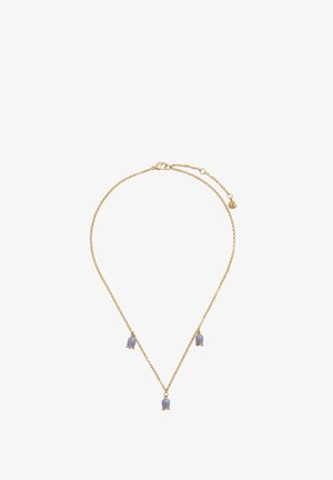 Halskette in Goldton mit einer zarten Kette, die drei Lavendelblumen-Anhänger enthält. Das Design umfasst einen Karabinerverschluss und eine verstellbare Länge.