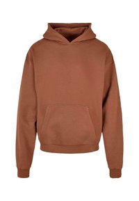 Felpa marrone realizzata in tessuto morbido, con tasca a marsupio, zip frontale e cappuccio regolabile con coulisse, completa di polsini e orlo a costine.