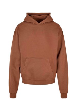Brown hoodie made of soft fabric, featuring a kangaroo pocket, a front zipper, and a drawstring hood with ribbed cuffs and hem.