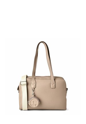 Borsa in pelle beige con texture, dotata di due manici a spalla, tracolla regolabile e staccabile color crema e pochette rotonda con zip attaccata.