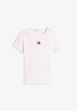 Light pink short-sleeve ribbed cotton T-shirt with round neckline and small Tommy Jeans logo patch centered on the chest.