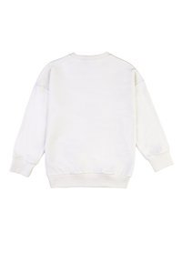 Felpa bianca con collo a girocollo, spalle cadute e polsini e orlo a costine. Il tessuto ha una texture liscia con dettagli minimi.