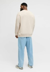 Bež pulover z dolgimi rokavi, rebrastimi manšetami in spodnjim robom; kombiniran z svetlo modrimi širokimi kavbojkami; prikazan od zadaj. Tkanina z teksturo.
