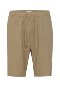 Khaki shorts with an elastic waistband and adjustable drawstring, featuring a textured fabric and side pockets.