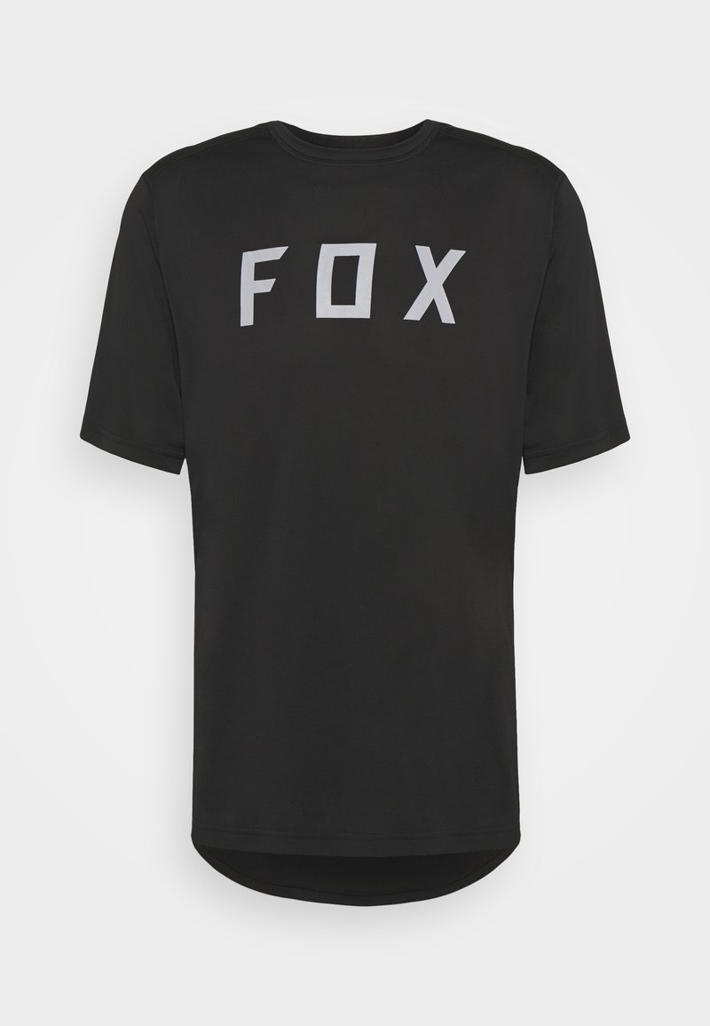 Zwarte t-shirt met korte mouwen, voorzien van het woord "FOX" in grote, reflecterende grijze blokletters over de rug. Glad stof met een afgeronde zoom.