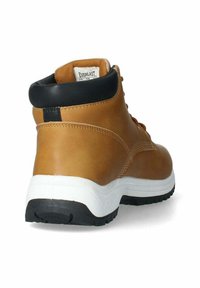 Stivaletto in pelle marrone con suola bianca, colletto imbottito nero e etichetta Everlast visibile sulla linguetta interna, mostrato dal lato posteriore.